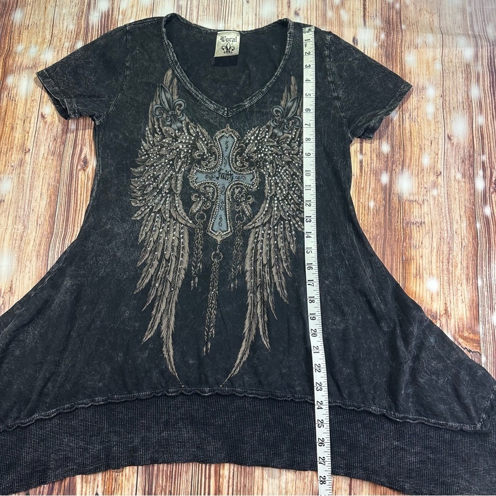 Y2K Grunge Rhinestone Cross Wings Tunic Top Acid Wash Short Sleeve Size Medium - Picture 12 of 15